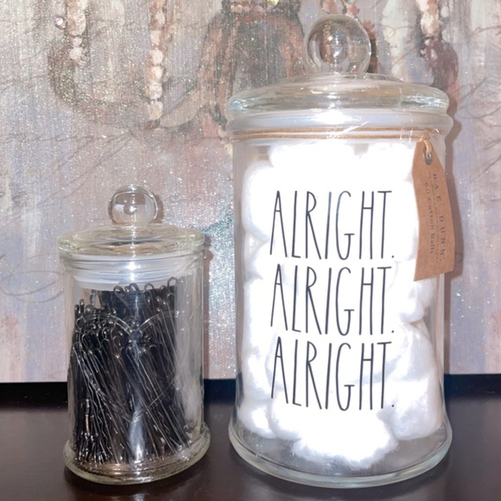 Rae Dunn “Alright Alright Alright”Cotton Balls glass canister HTF